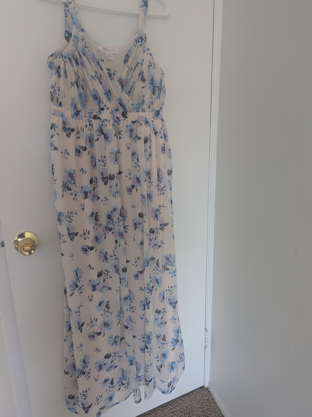 Motherhood Maternity S Floral Maxi Dress White Blue Surplice Wrap Boho Summer